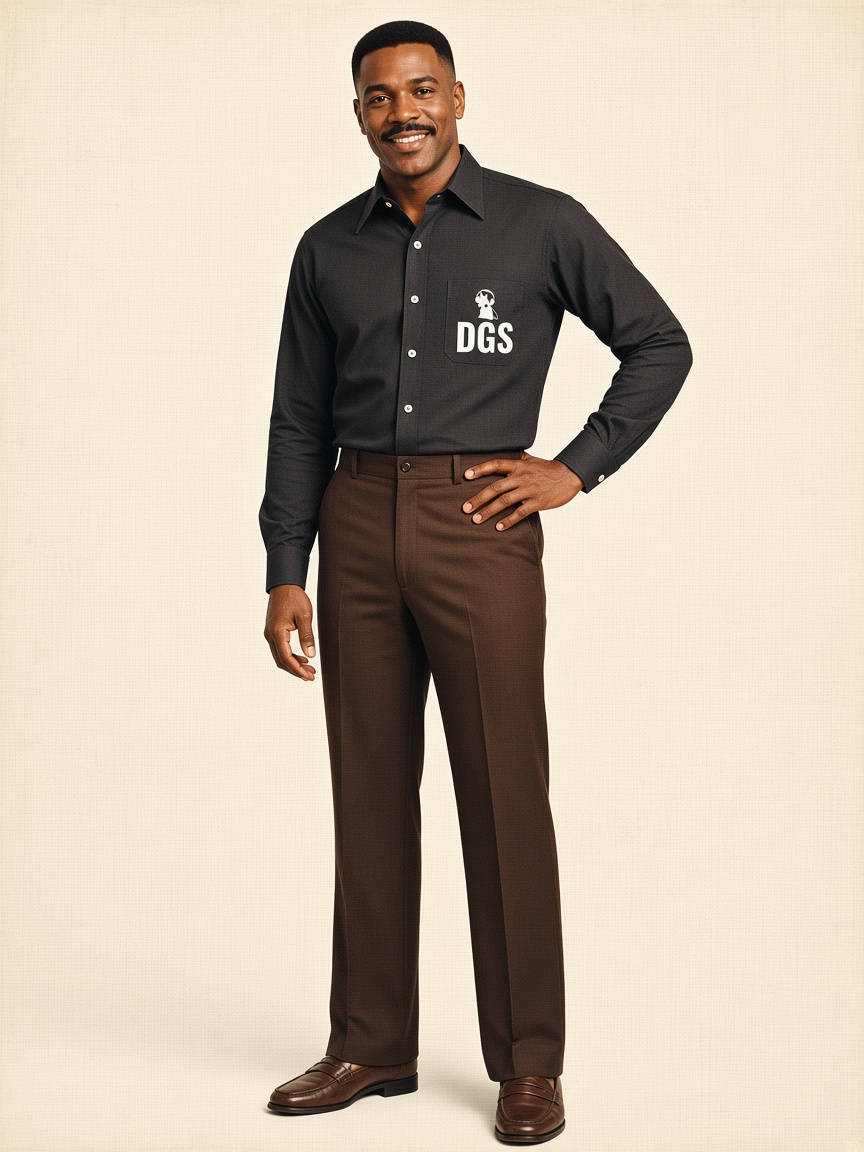 Model in DGS dark button-up