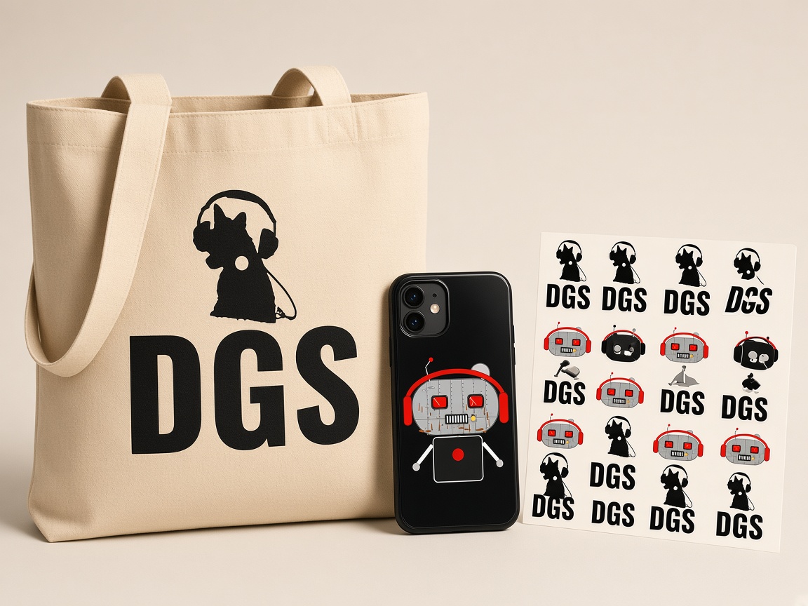 DGS tote, phone case, stickers